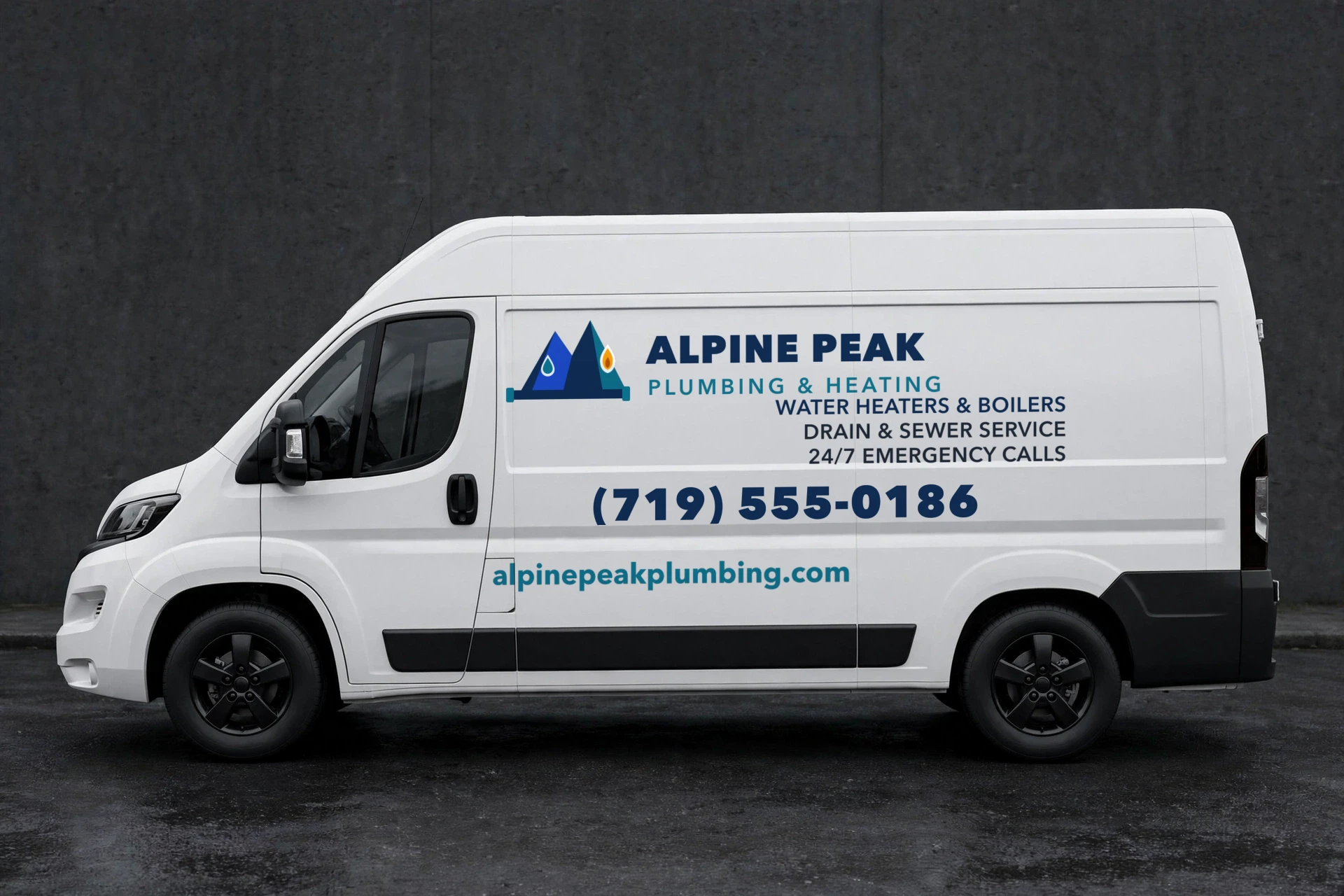 White work van with a complete fictional plumbing-company livery: logo, wordmark along the body line, phone number and website