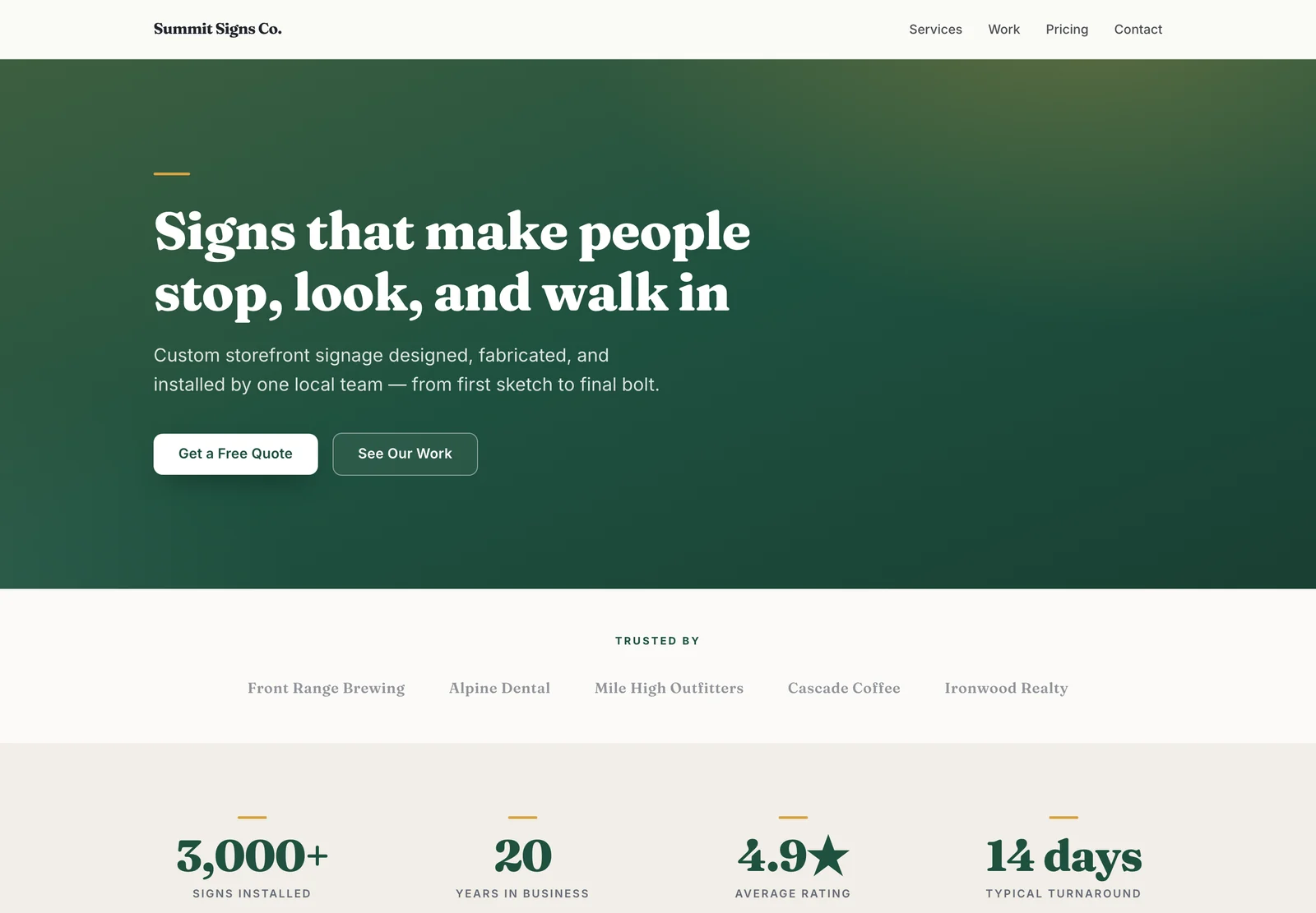 A signage company website: a headline over a green field, a quote button, and a row of client names